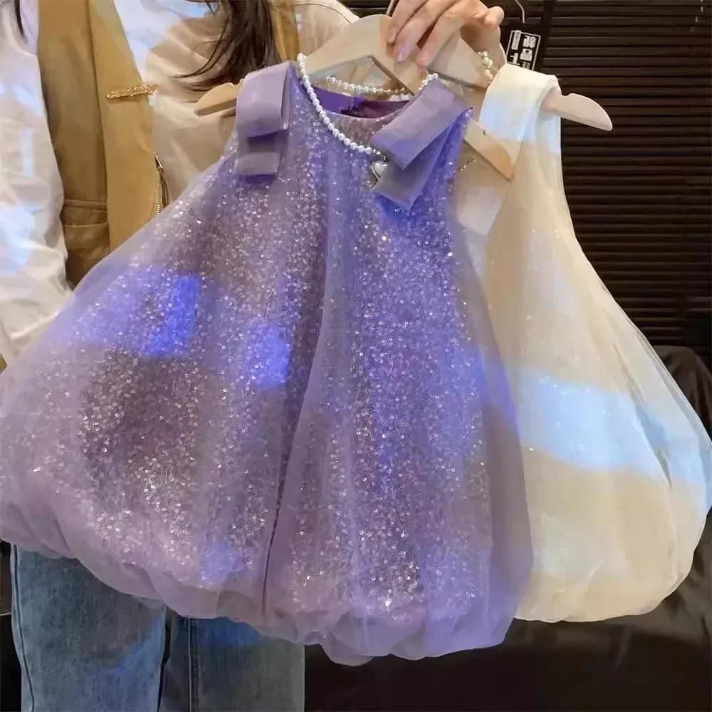 Robe d'été en dentelle à paillettes pour filles, tenue de princesse à bulles, avec nœud, Version cor