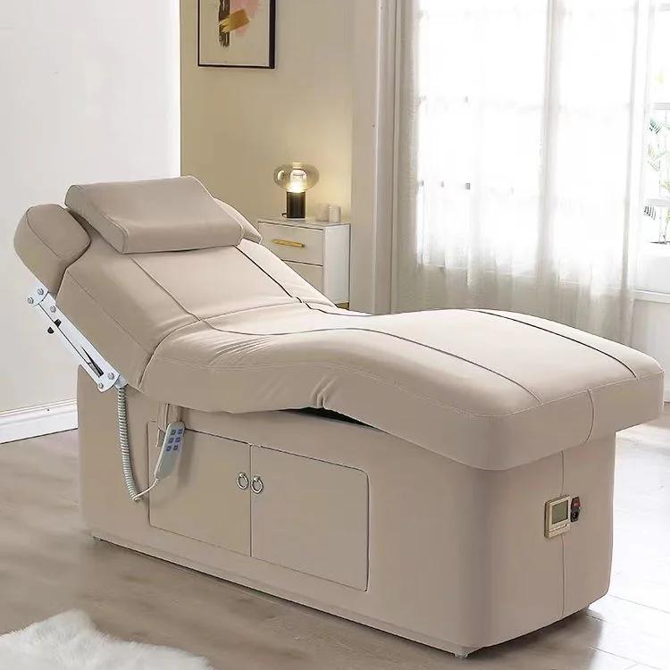 Table de massage électrique à 2 moteurs, beige, avec base de rangement, pour esthéticienne, salon de