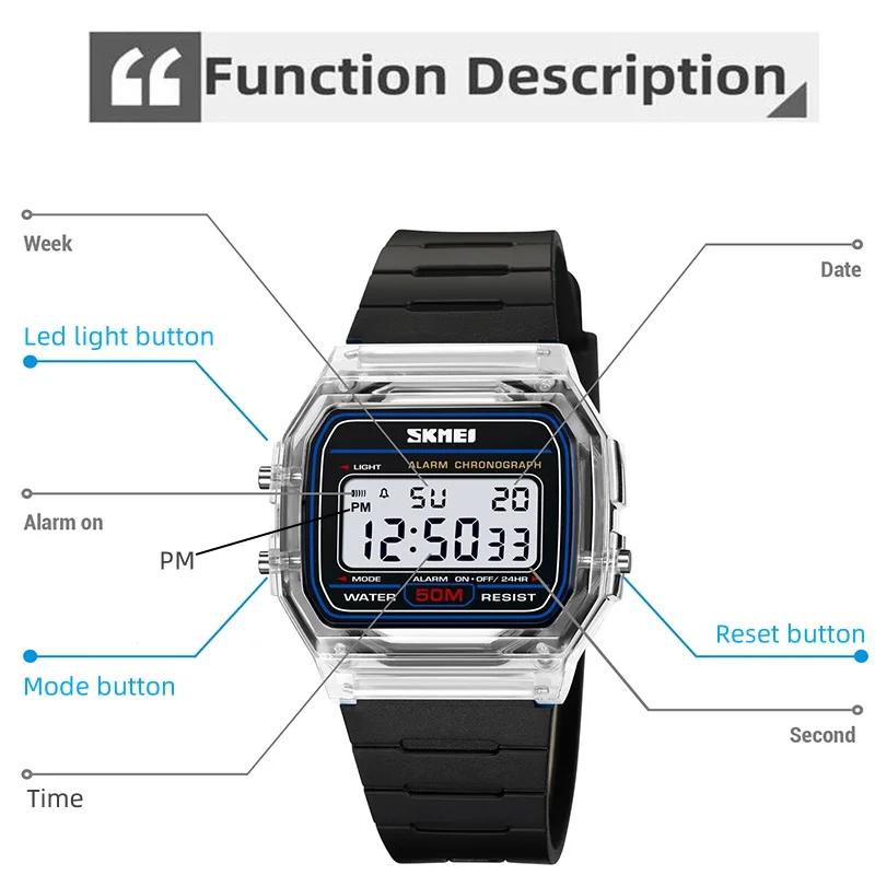 Skmei-Montres numériques étanches pour femmes, boîtier transparent, bracelet en TPU, LED, montre-bra