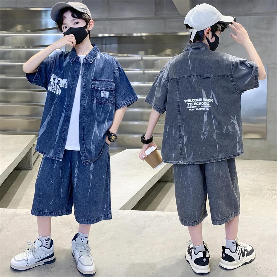Ensemble d'été cool pour garçons, haut et bas en denim, chemise à manches courtes et short, 2 pièces