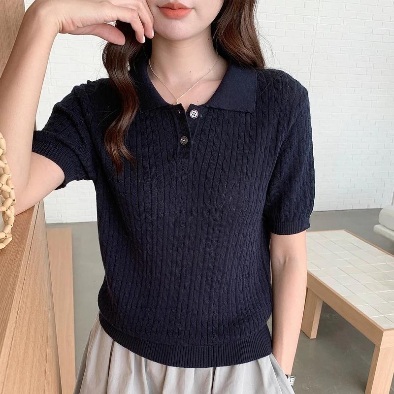 WinvyNee T-shirt en coton pour femme, hauts d'été à manches courtes bleus unis, col polo Y2k, pulls 