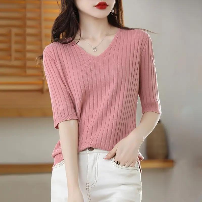 Pull tricoté en cachemire à manches courtes et col en v pour femme, pull de couleur unie, nouvelle c