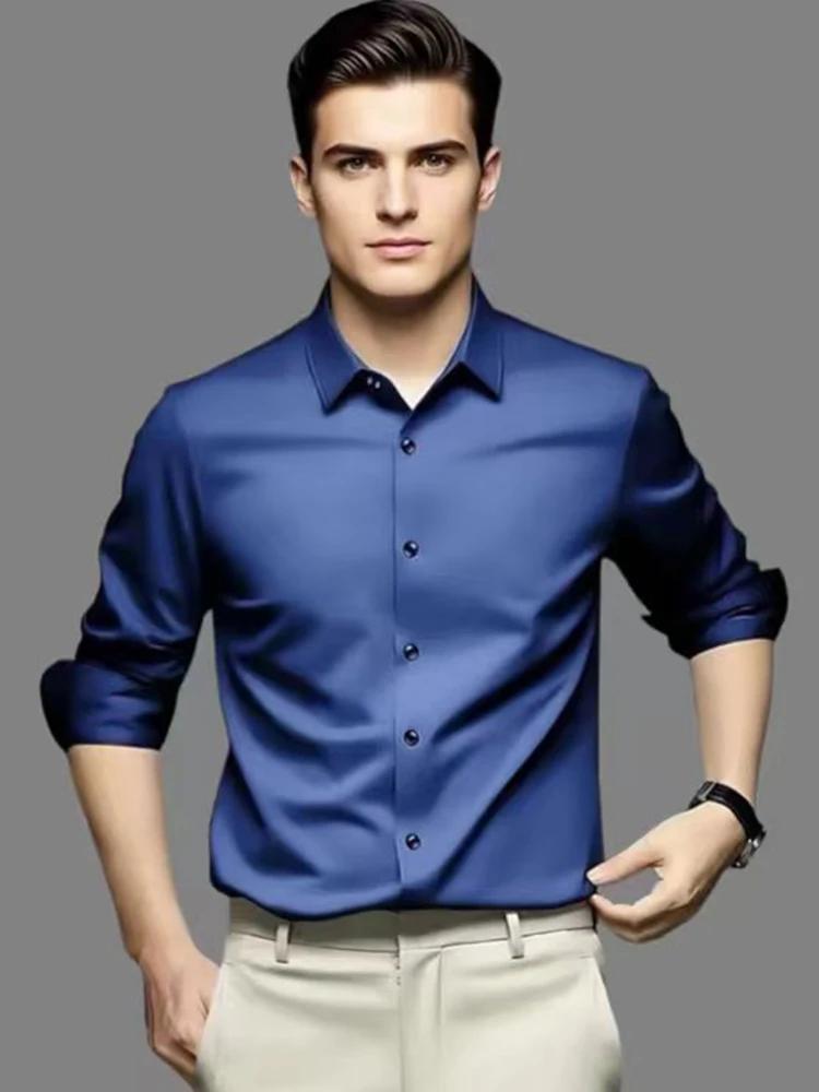 Chemise formelle homme 6XL sans repassage en soie glacée, manches longues, pour le bureau, grande ta