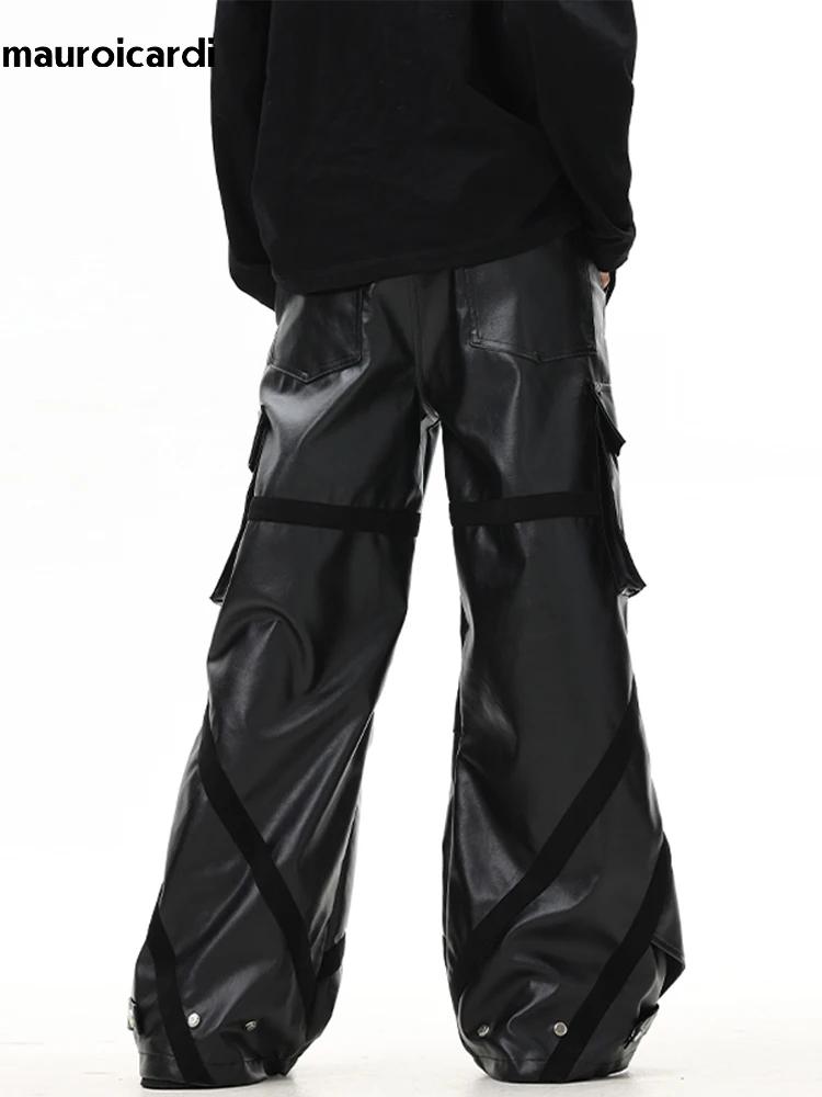 Mauroicardi-Pantalon Cargo en Cuir PU pour Homme, Baggy Noir, Jambes Larges, Poches Tridimensionnell