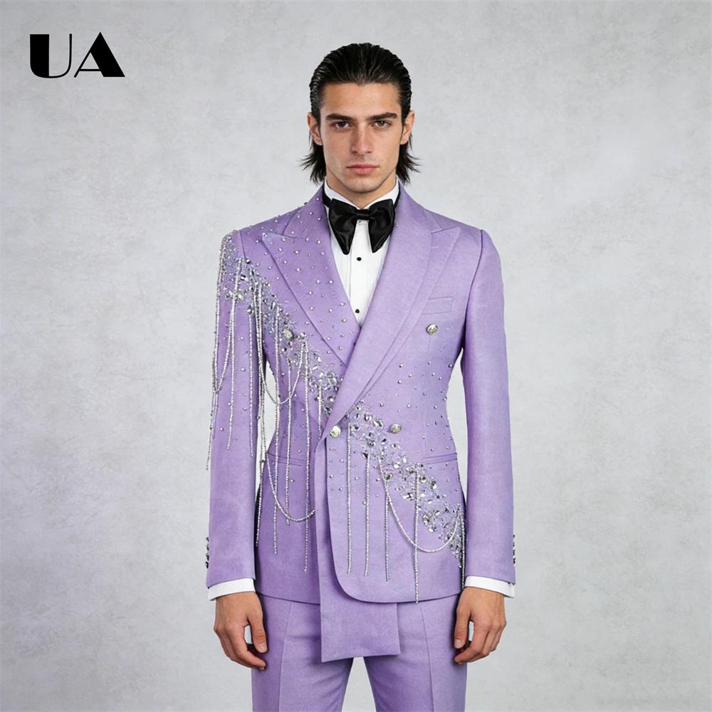 Costume de mariage lilas pour marié, ensemble de costume 2 pièces avec pompons en strass, costume po