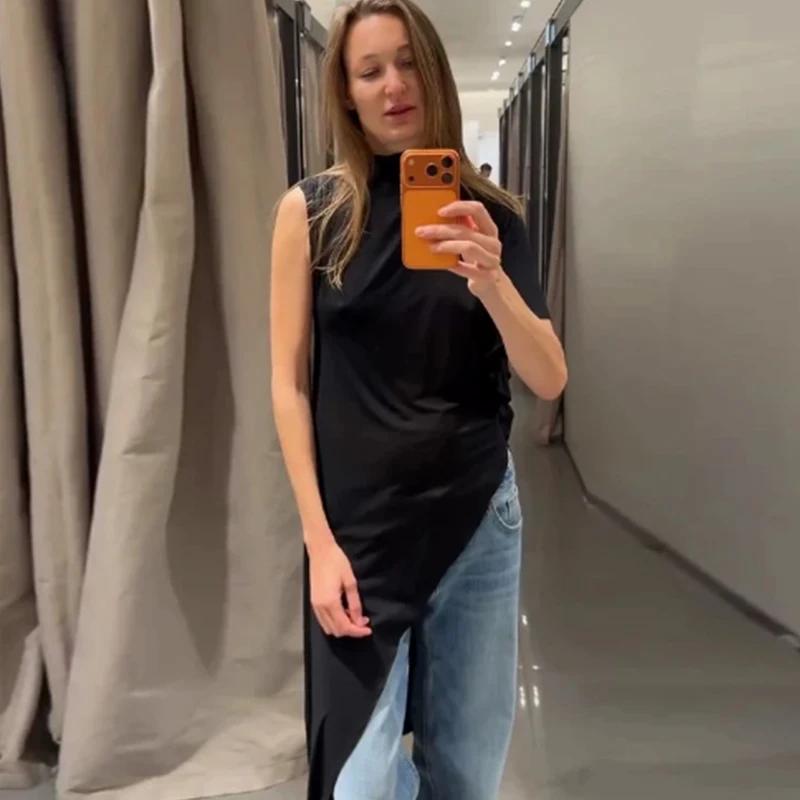 Haut plissé asymétrique noir pour femme, nouvelle collection Printemps-Été 2026, élégant et chic, po