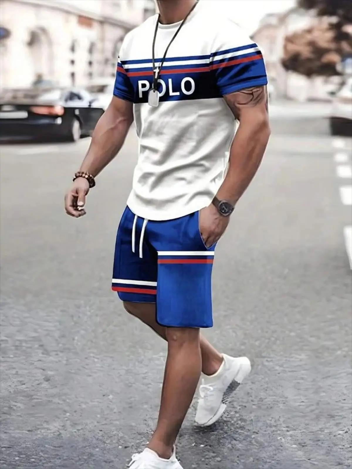 Ensemble T-shirt et short à col rond pour hommes, ensemble deux pièces décontracté avec lettres rayé