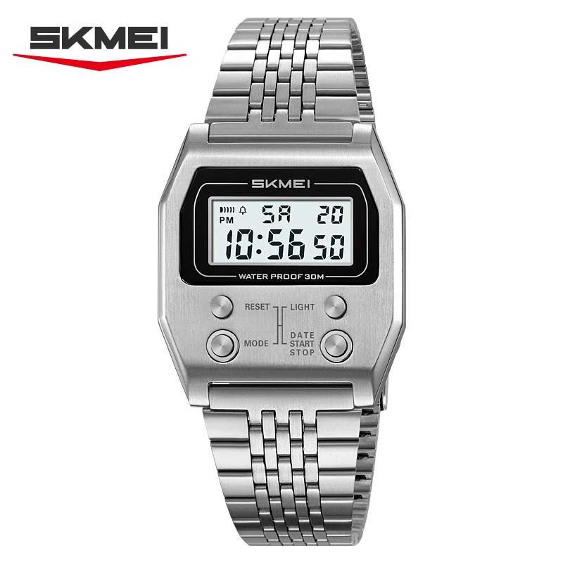 SKMEI 2460 montre numérique de sport étanche pour hommes en acier inoxydable de luxe rétro LED révei