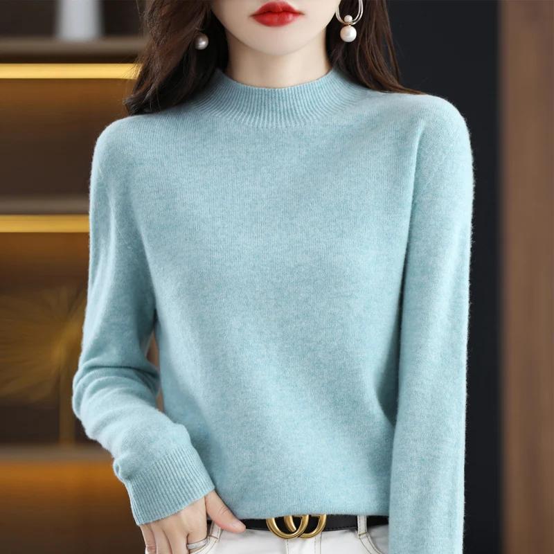 Pull en cachemire 100% laine mérinos pour femme, pull à manches longues et col semi-haut, nouveau pu