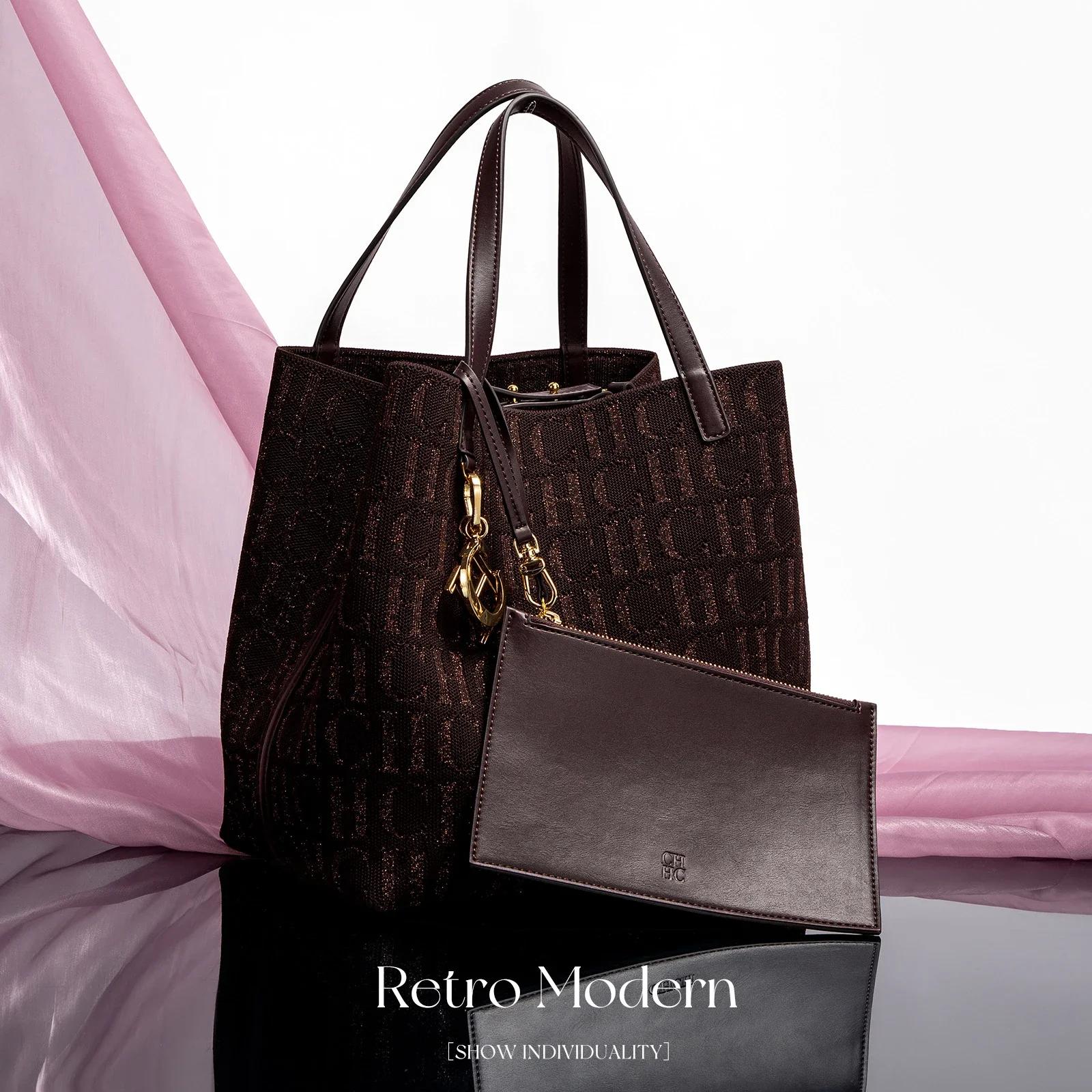 CH Sac à bandoulière pour femme, simple, couleur unie, motif imprimé lettres dorées, grande capacité