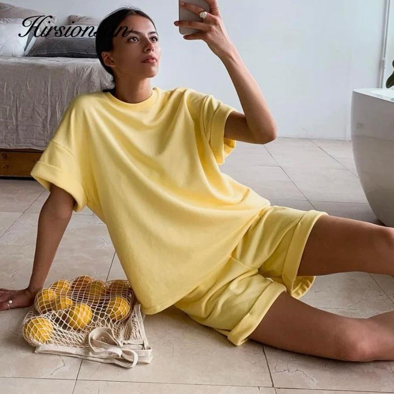 Hirsionsan-Ensemble deux pièces en coton pour femme, t-shirt à manches courtes et pantalon court tai