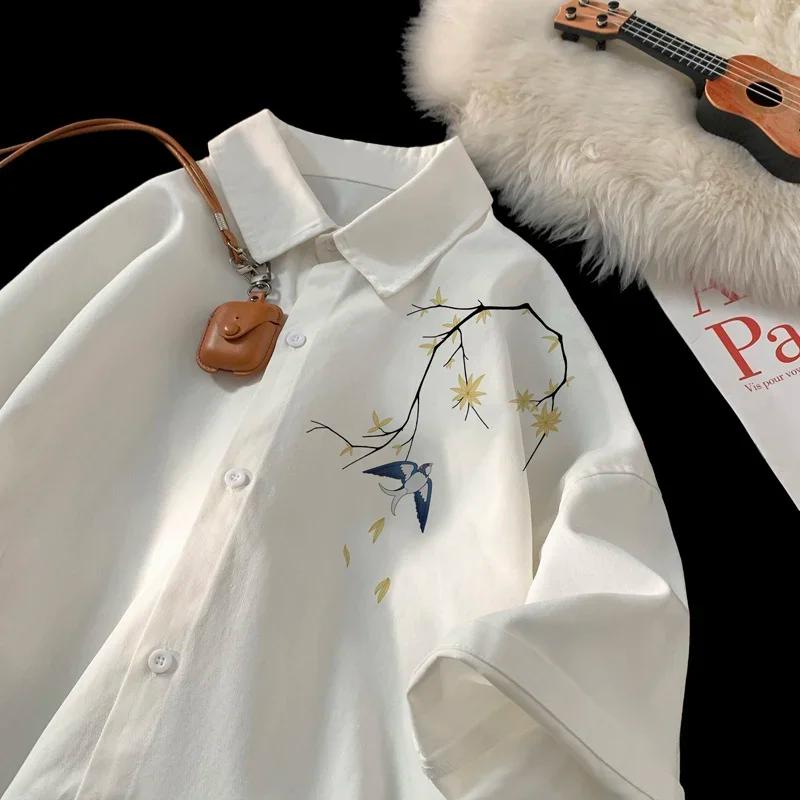 Chemises surdimensionnées pour hommes, chemisier imprimé hirondelle, blanc, mode 5XL, chemise surdim