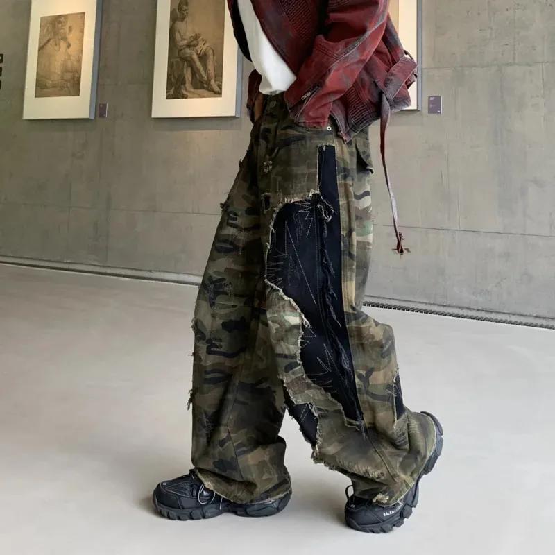 Faux jean déchiré délavé de Camouflage pour hommes, pantalon décontracté, ample et droit, nouvelle c