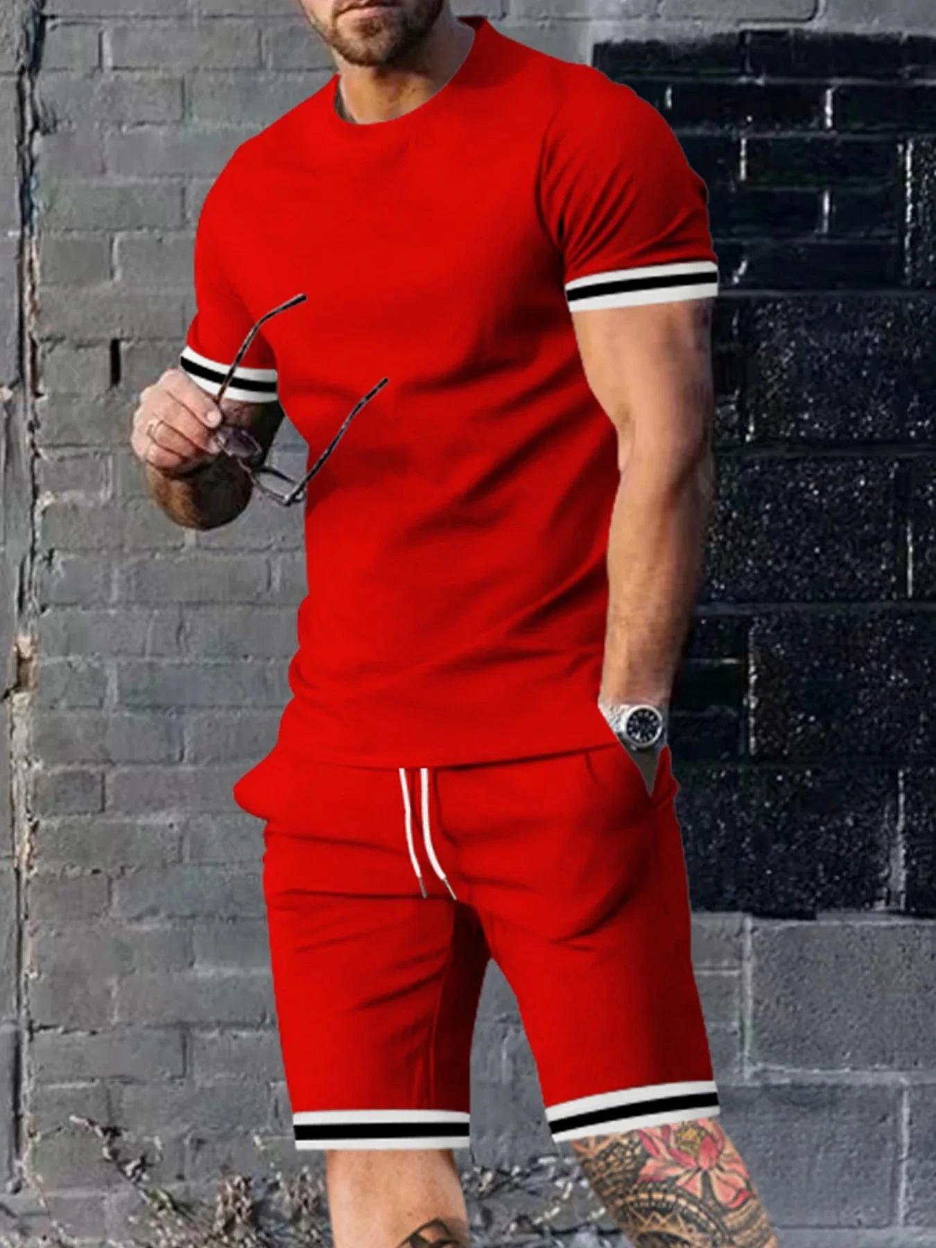 Ensemble T-shirt et short à col rond pour hommes, imprimé rayé minimaliste, confortable et respirant