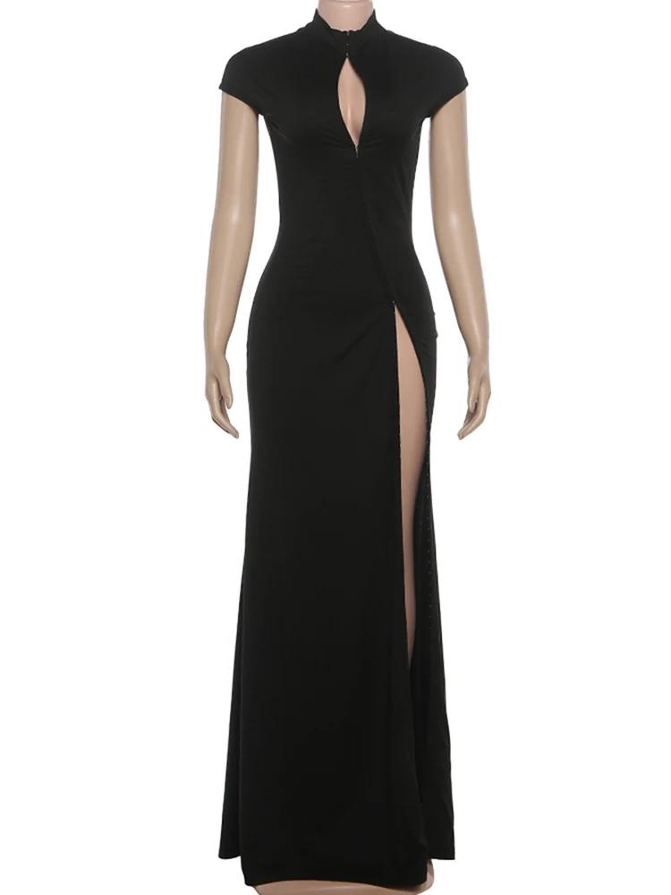 Kliou – robe longue Sexy pour femme, couleur unie, col mi-haut, manches courtes, Design creux, soiré