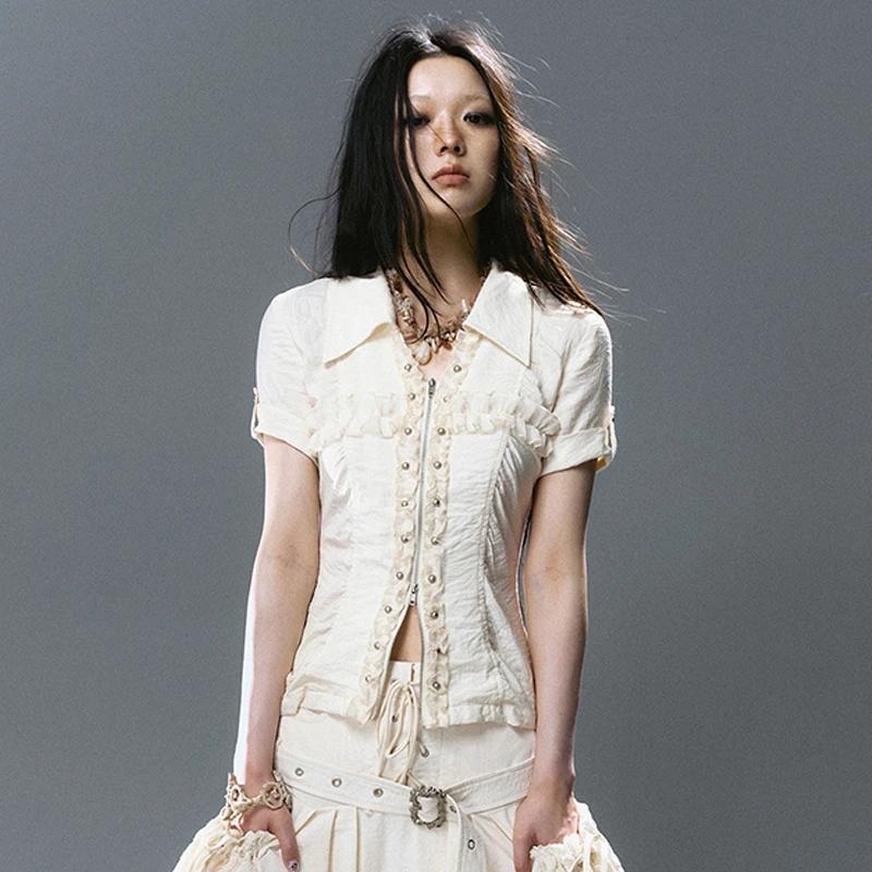 Chemise à lacets croisés Karrcat style grunge, chemisier à rivets Y2K trashy à manches courtes, chem