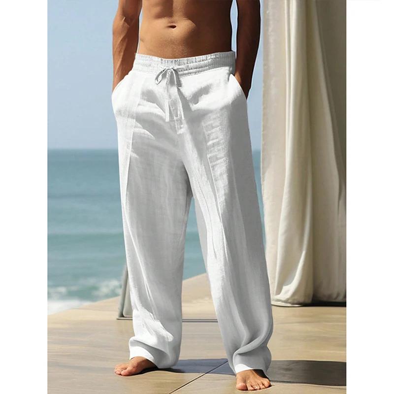 Pantalons de sport et de yoga pour hommes, printemps-automne, en tissu mélangé coton et lin, coupe a