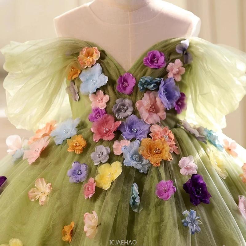 Robe de bal longue pour filles, vêtements floraux verts, robes de princesse d'anniversaire, tenue de