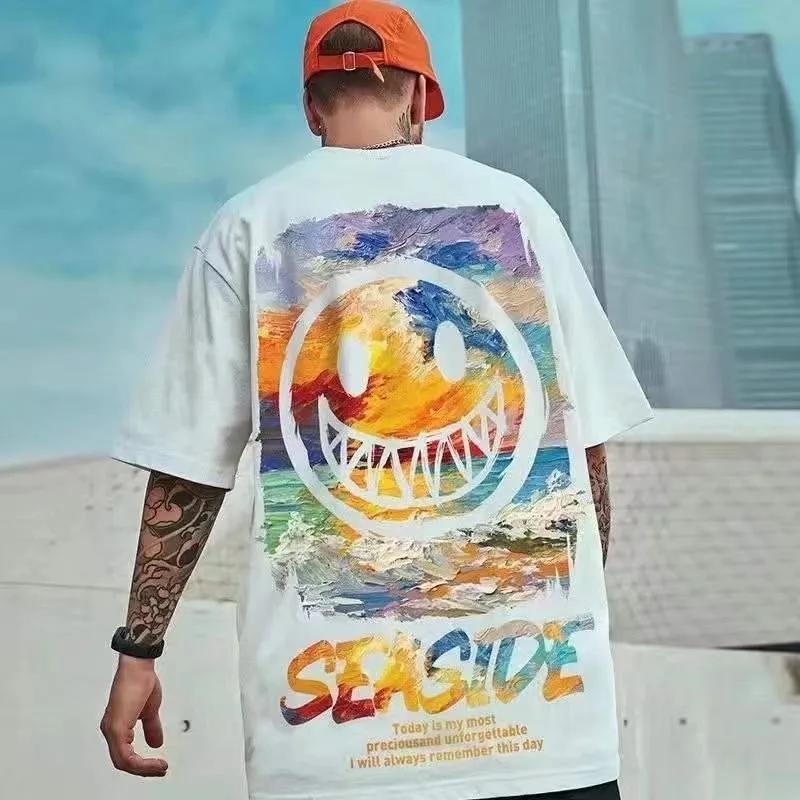 T-shirt ample 8XL tendance style vintage américain avec imprimé graffiti expressif, décontracté et d
