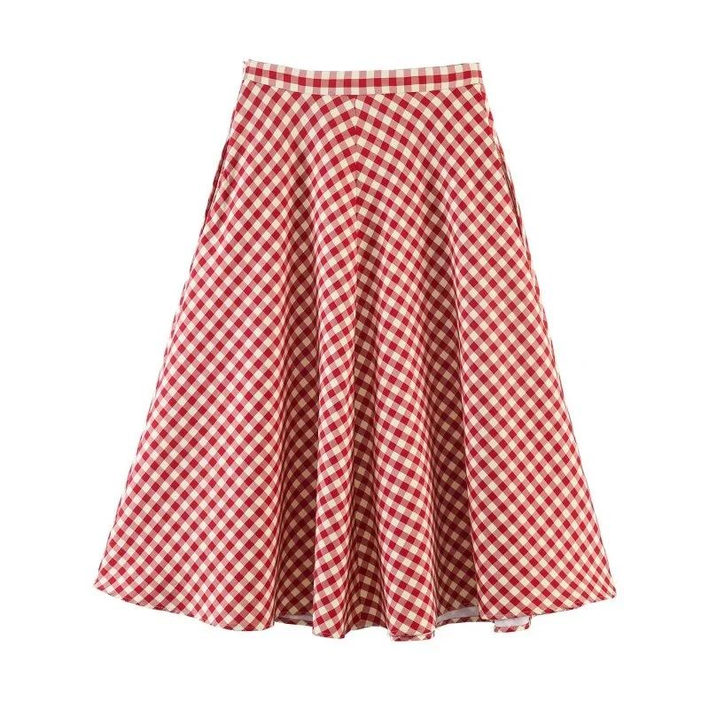 Jupe midi trapèze rouge à carreaux pour femme – Taille haute, ourlet évasé, jupe décontractée de pri