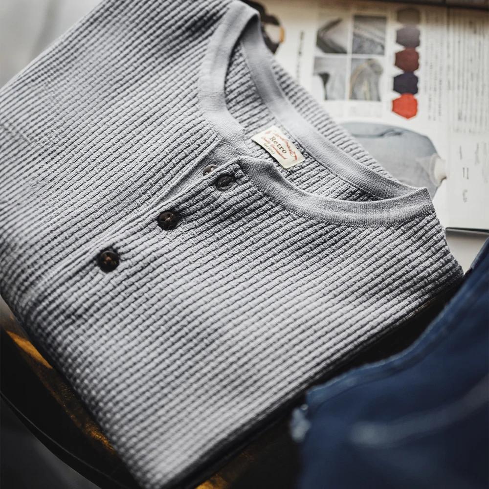 Maden Vintage Boro Style manches courtes Henley chemise hommes été gris coupe ample t-shirt tricot d