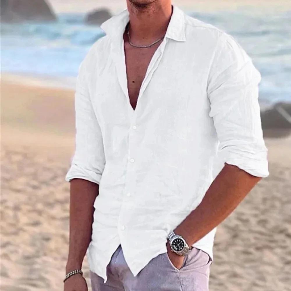 Chemise de plage en coton et lin pour hommes, décontractée, col Polo, manches longues, couleur unie,