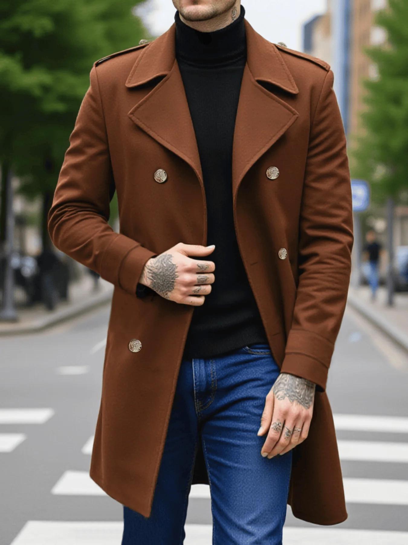 Veste-manteau à feuilles pour hommes début d'automne Plus laine épaisse, Double boutonnage décontrac