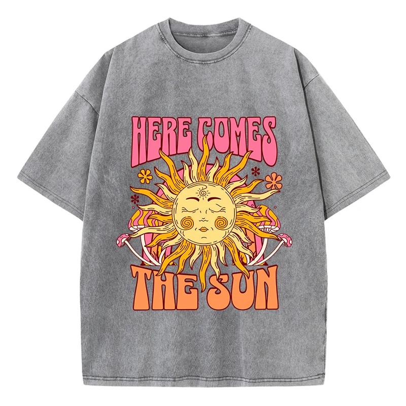 T-Shirt délavé surdimensionné pour femmes, en coton, imprimé ici arrive le soleil, décontracté, col 