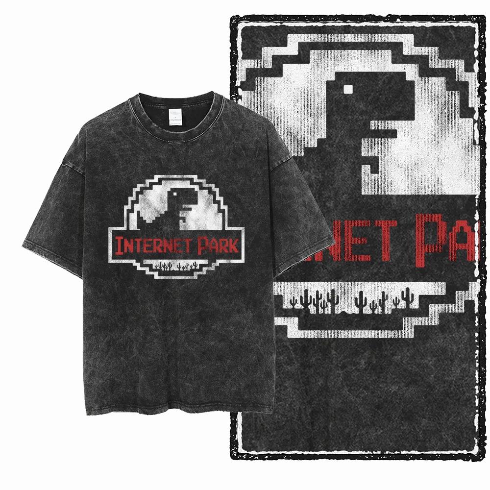 ZH DINO GAME THEME imprimé coton lavé à l'acide graphique exclusif unisexe t-shirt Cool Streetwear h