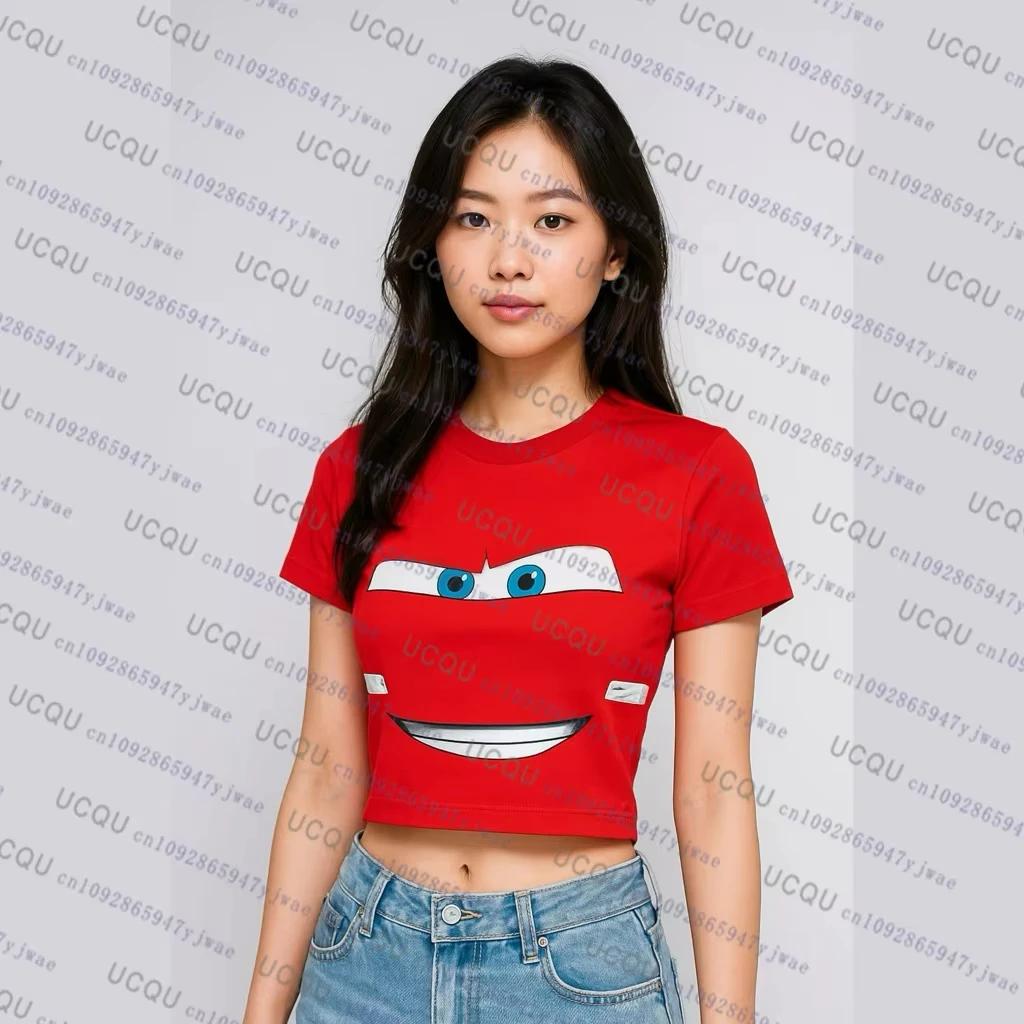 T-shirt court pour femme à imprimé Lightning McQueen Cars, manches courtes, style streetwear Y2K, co