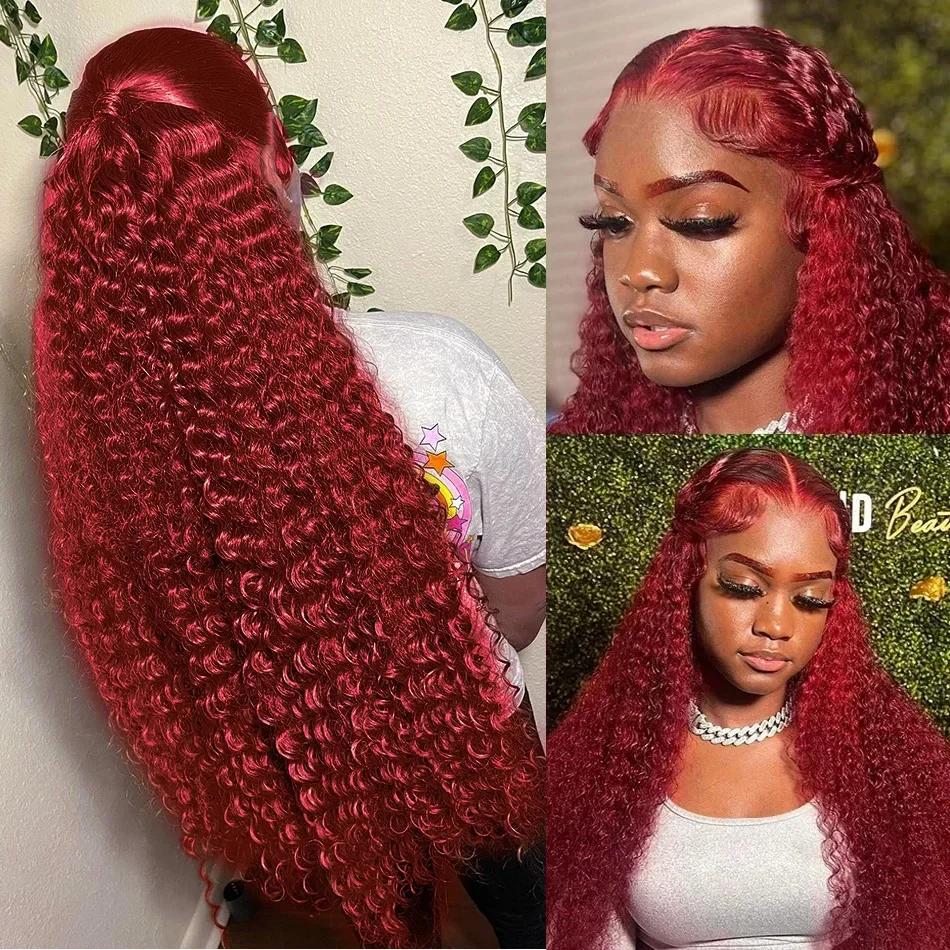 Perruque Lace Front Wig Remy bouclée rouge bordeaux 99J, cheveux naturels, 13x4, 13x6, densité 250, 