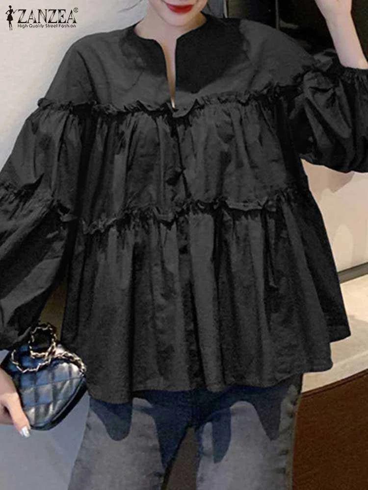 ZANZEA mode femmes à manches longues bouffantes Blouse automne printemps Eelgant chemise volants Blu