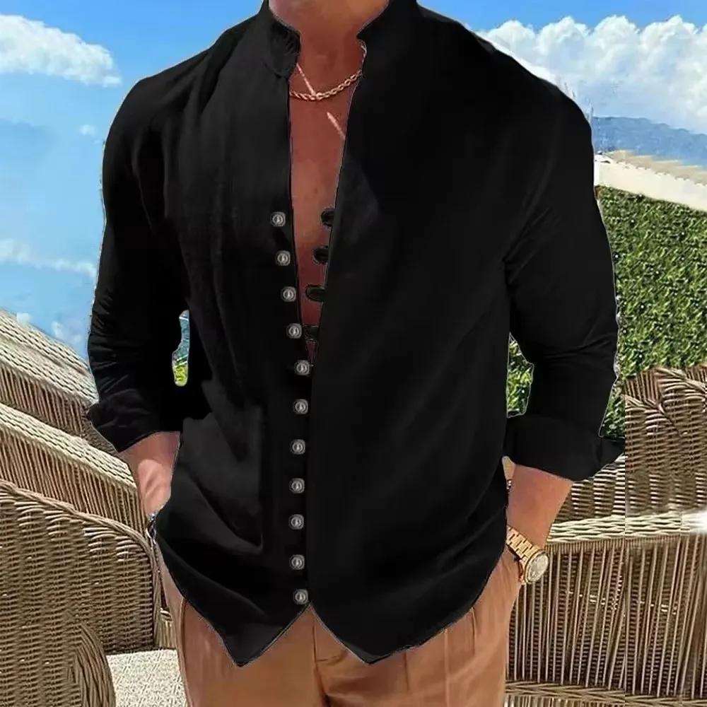 Chemise en coton et lin pour hommes, chemises à manches longues, couleur unie, boutonnée, Style déco