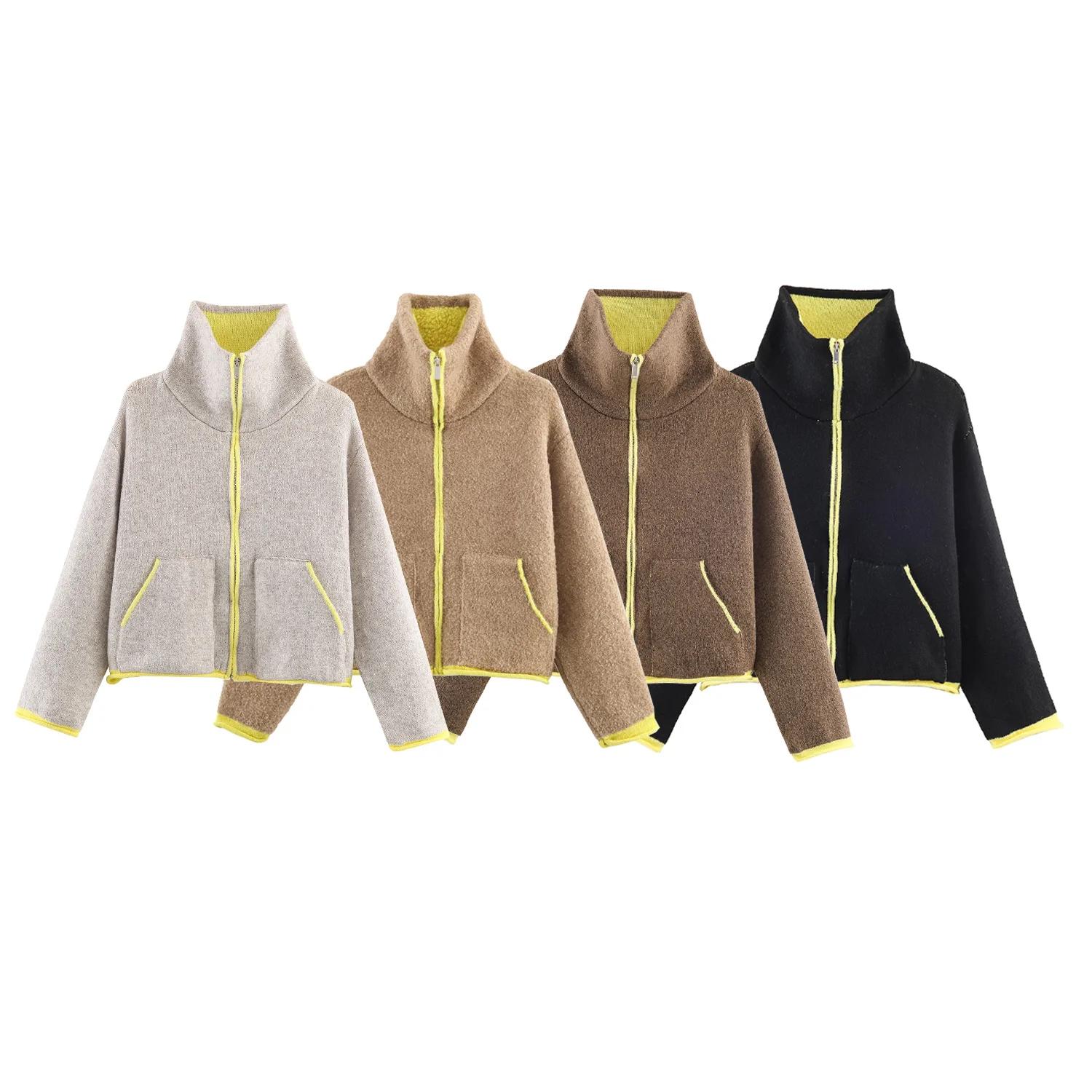 Veste décontractée automne 2026 pour femme, design contrasté, manches longues, fermeture éclair, sty