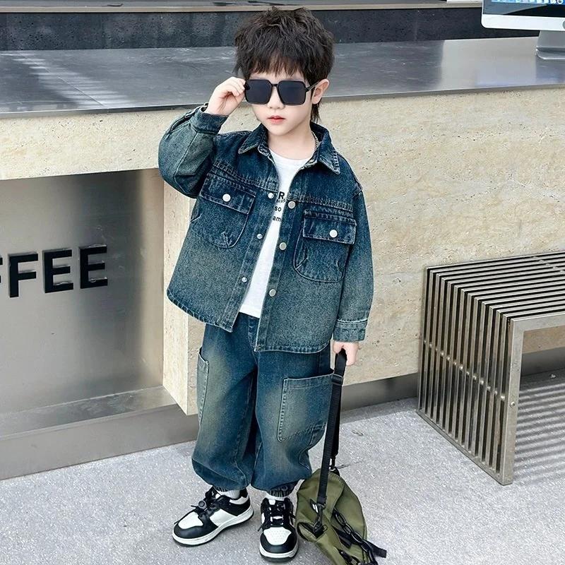 Ensemble en jean pour garçons, 2 pièces, vêtements pour enfants, veste en coton tendance, pantalon, 