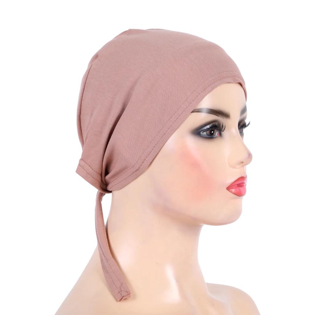 H048 coton uni cravate dos chapeaux Turban musulman couleur Pure extensible intérieur Hijabs sous-éc