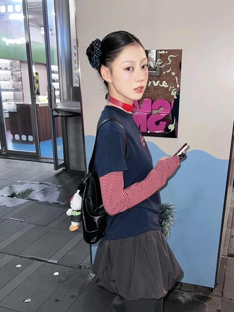 Tonngirls Harajuku Patchwork T-shirt femmes à manches longues rayé faux deux pièces hauts Streetwear