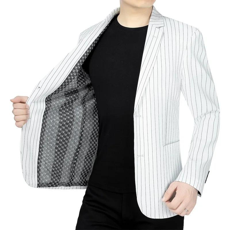 Blazer Homme Printemps-Automne Rayé Fin Col Rabattu Veste de Costume Respirante à Manches Longues av