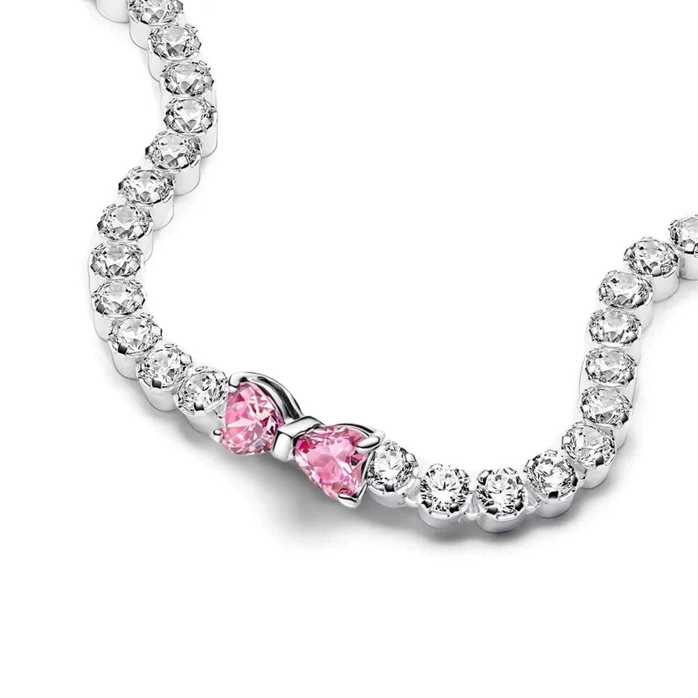 2025 Valentine nouveau 925 argent rose arc plein diamant Bracelet Original 17-20CM ajustement bricol