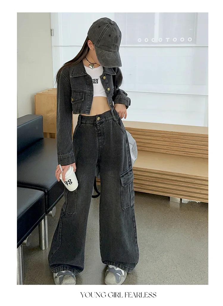Veste courte à manches longues et jeans à jambes larges pour enfants, olympiques en denim pour fille