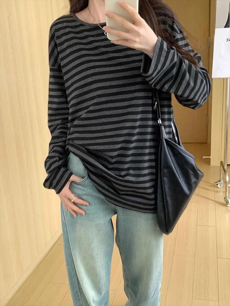 T-shirt manches longues pour femmes, vêtements japonais Y2k, hauts rayés, ample et fin, Grunge des a