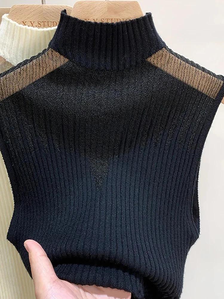 Haut tricoté en maille pour femmes, débardeur Y2K, gilet demi-cou, pull sans manches, Chic, découpé,