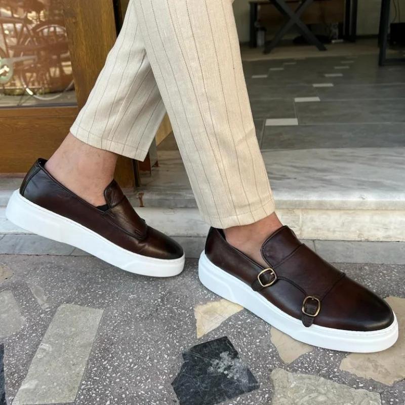 Chaussures de sport à enfiler faites à la main pour hommes, baskets à double structure, noir, marron