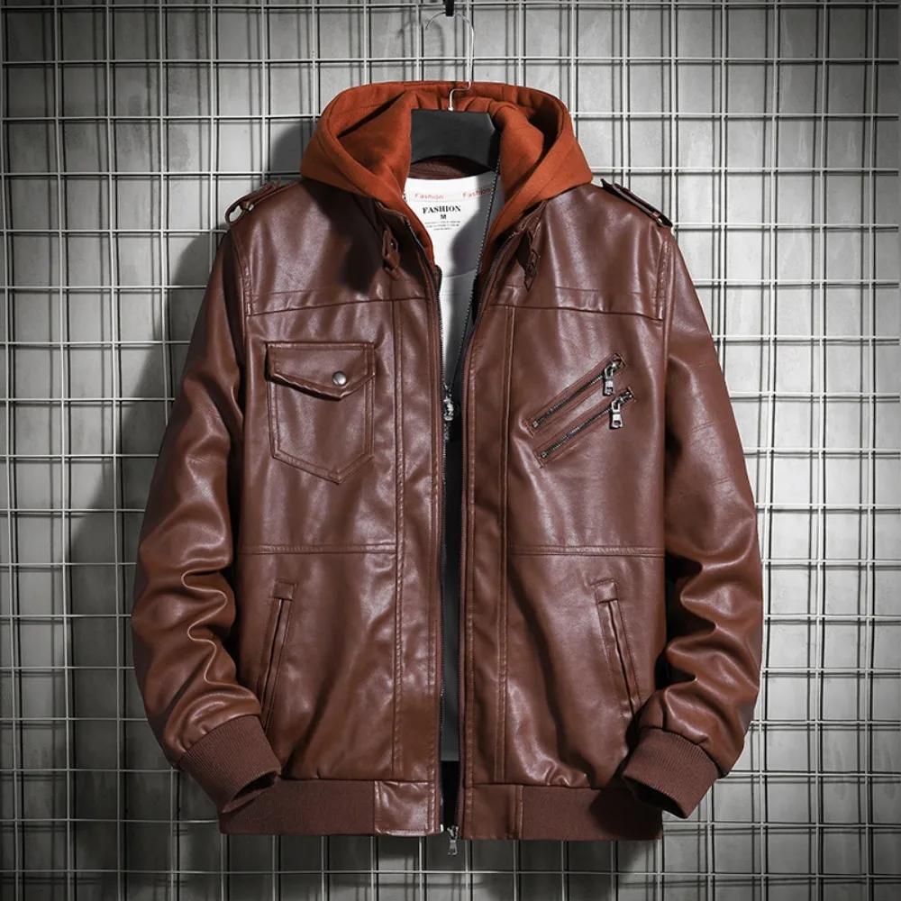 Veste en cuir à capuche pour hommes, manteau d'hiver en cuir PU, vestes pour adolescents, manteau de