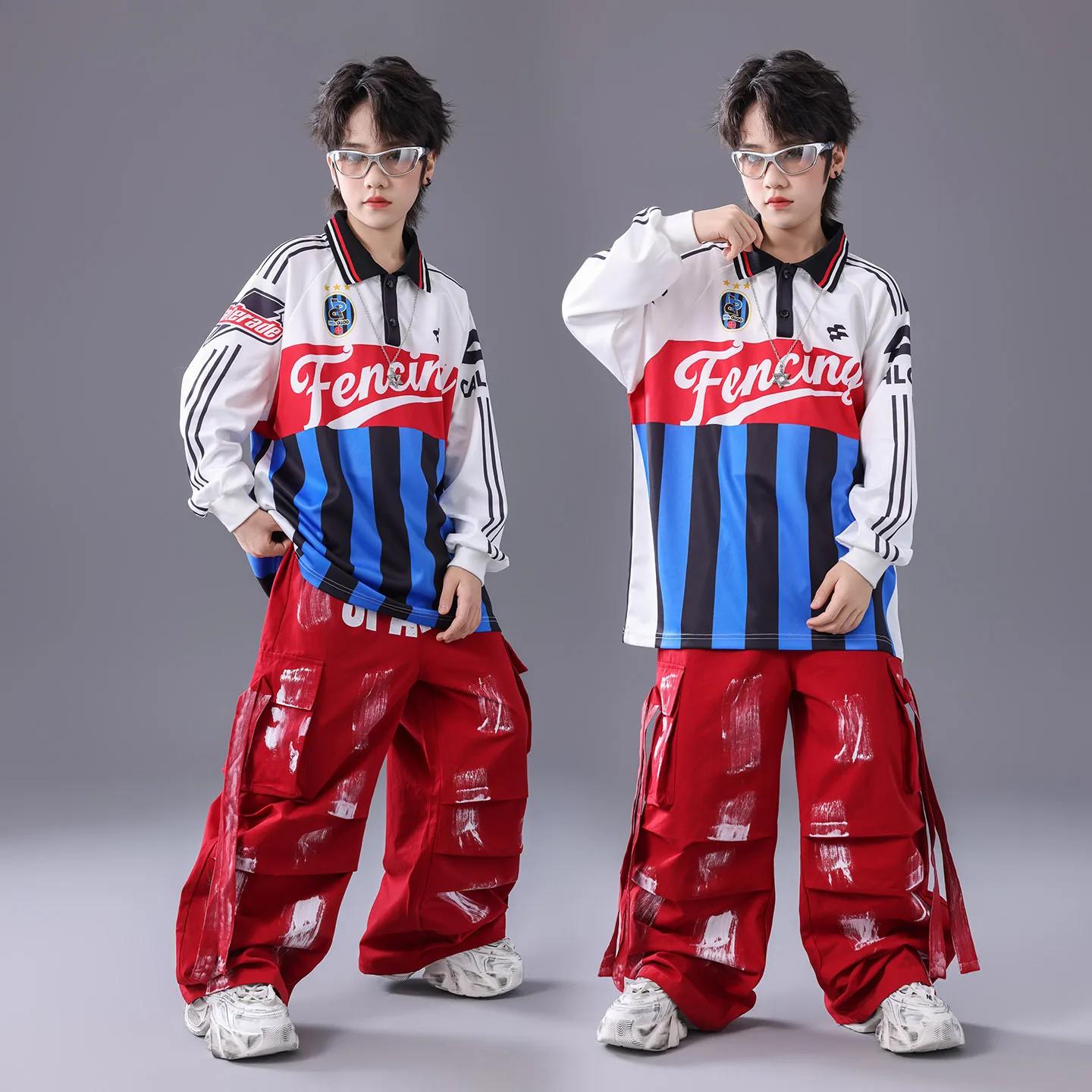 Ensemble hip-hop K-pop pour fille - T-shirt rayures patchwork et pantalon cargo danse streetwear