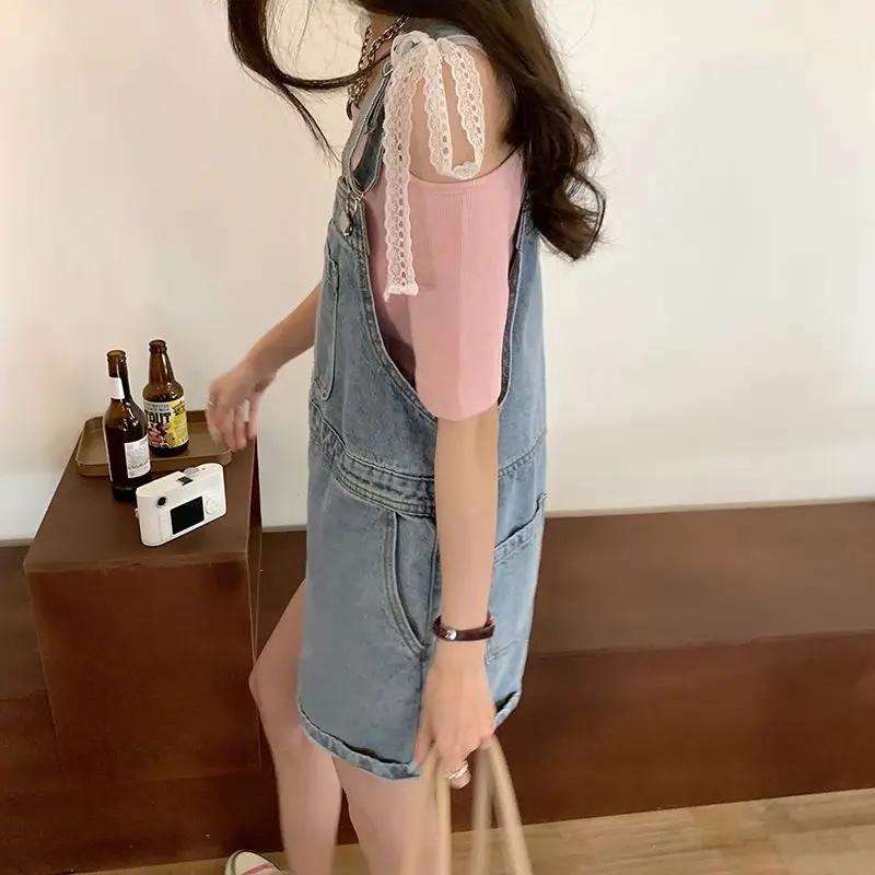 Denim Rompers Women Wide Leg Loose Korean Style Students Solid Summer Playsuits Leisure Trendy Pocke