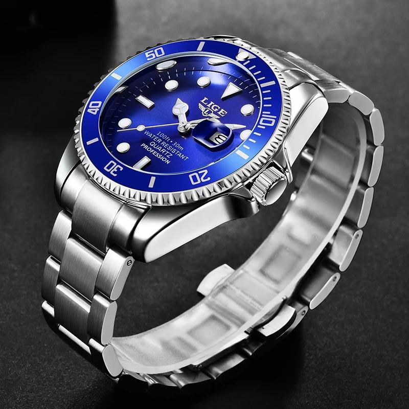 LIGE Top Original hommes montres à Quartz bleu montre étanche pour hommes en acier inoxydable Quartz