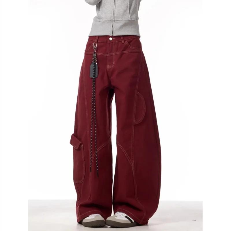 Cargo rouge jean décontracté femmes vêtements de travail pantalon ample droit jambe large pantalon p
