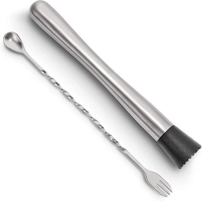 LMETJMA 10 pouces acier inoxydable Cocktail Muddler et cuillère à mélanger professionnel Bar Cocktai