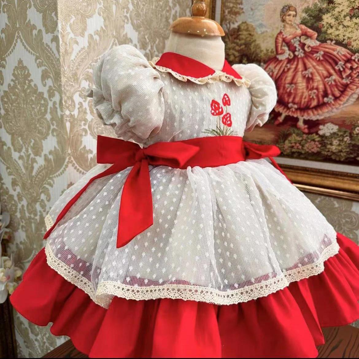 Robe d'été rouge pour bébé fille de 0 à 12 ans, maille brodée à pois blancs, robe de princesse Vinta